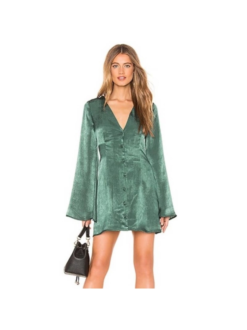 L'Academie Emerald Satin V-Neck Button Mini Dress